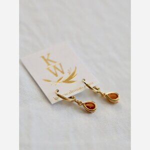 November Birthstone Huggie Earrings – Citrine Teardrop Charm on Gold Plated Hoop